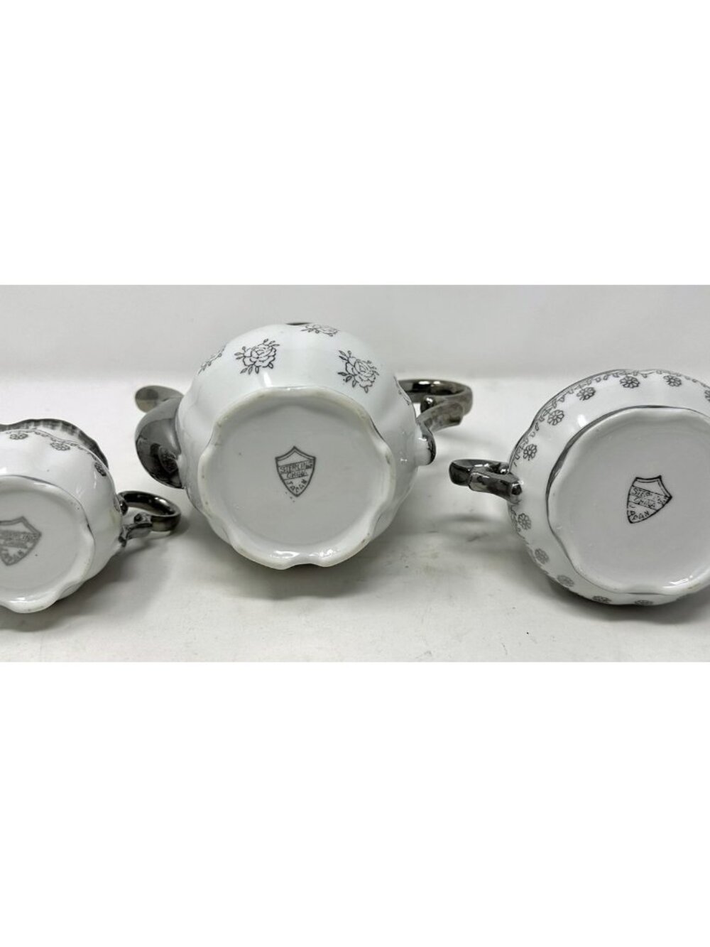 STERLING CHINA 3 Pce Set Tea Pot w/Lid Creamer Sugar Floral Platinum Trim Japan - Picture 6 of 10